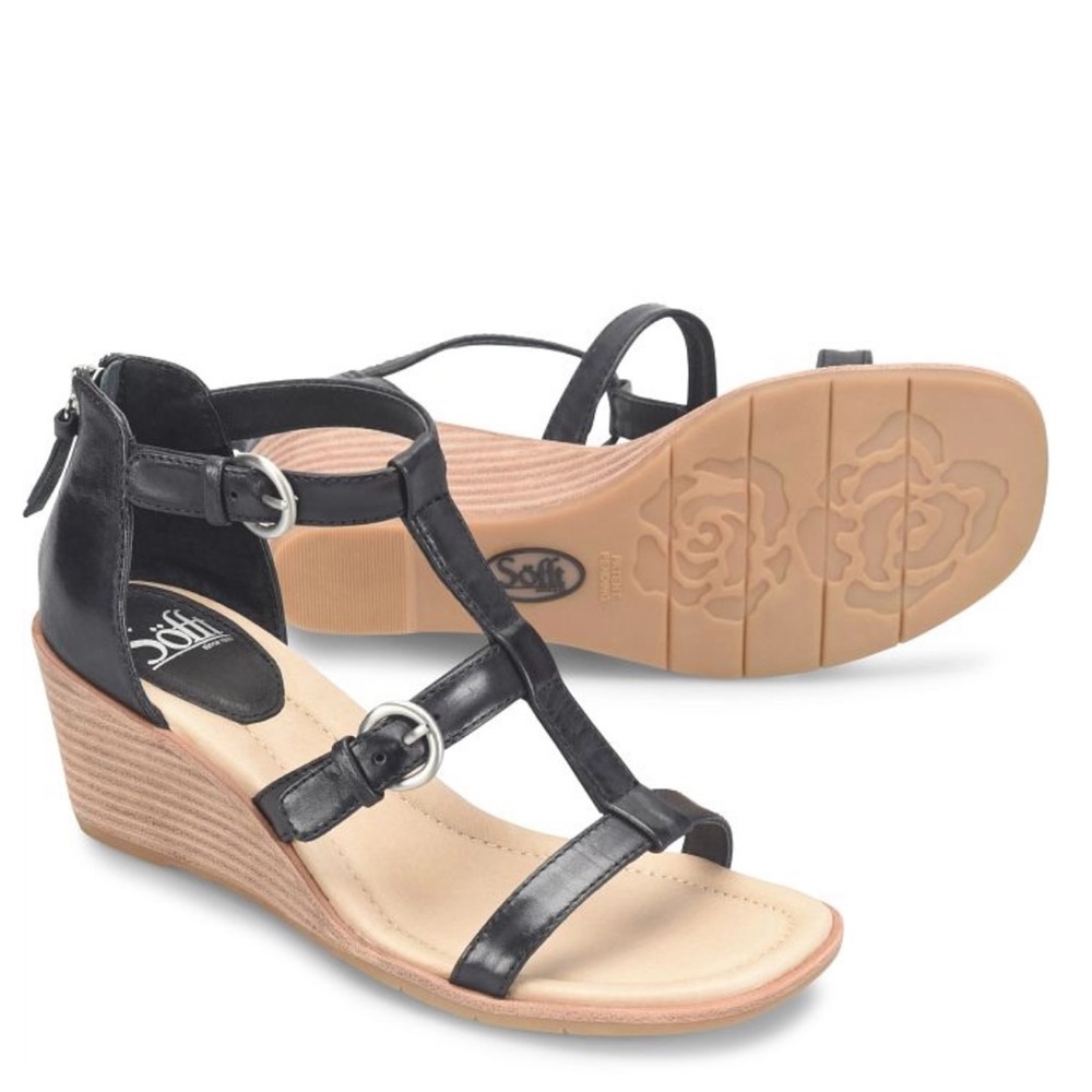 ⭐️Sofft⭐️New Gaige Black Leather Mid Wedge Sandal Women's Shoes Sandals Sz 7 M